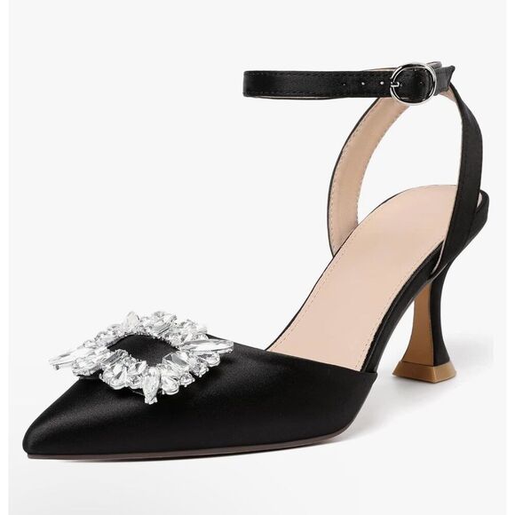 Women's Size 7.5 Black Pointed Toe Rhinestone Slingback Heals Adjustable Strap - Picture 3 of 10